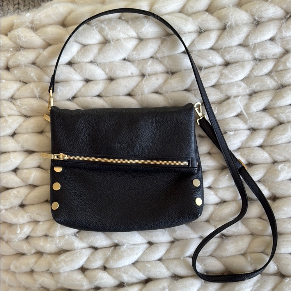 Hammitt small VIP Crossbody Bag with Sleek Design, black with gold/red trim